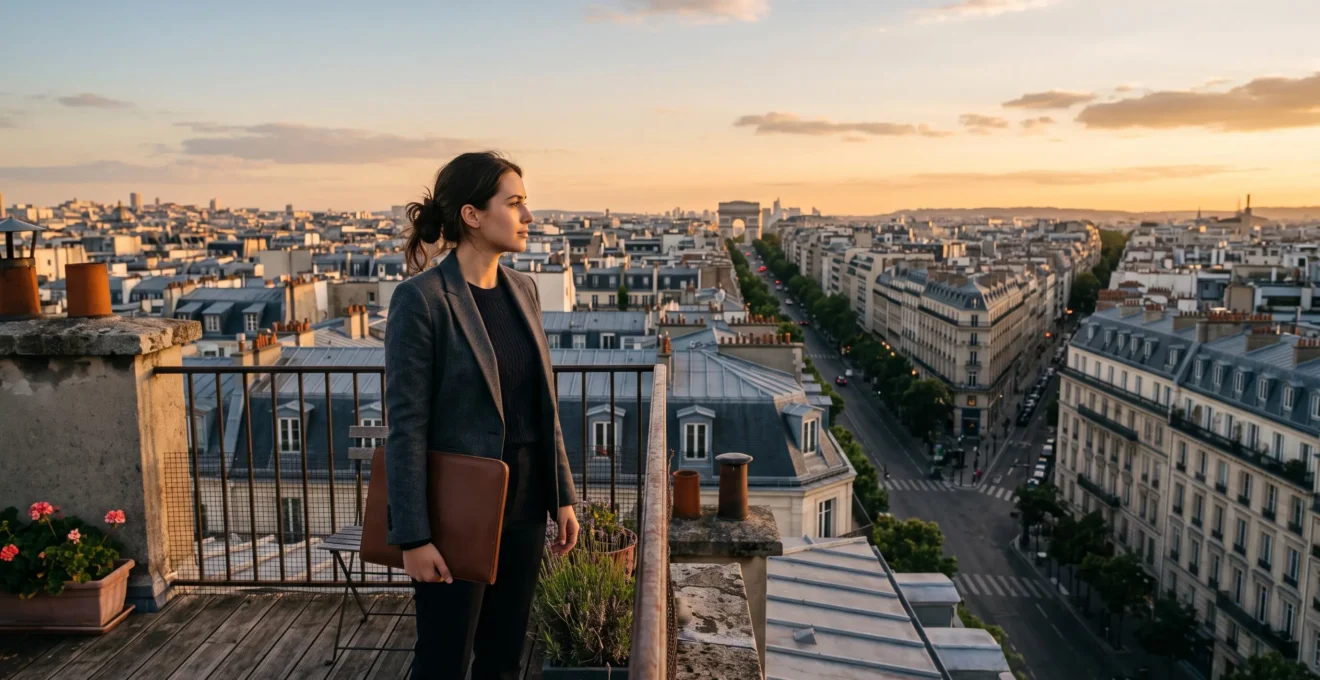 Jeune diplome de Sciences Po envisageant plusieurs trajectoires de carriere internationale au-dessus des toits de Paris