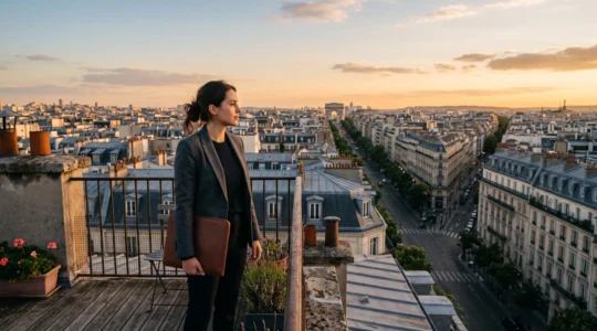 Jeune diplome de Sciences Po envisageant plusieurs trajectoires de carriere internationale au-dessus des toits de Paris