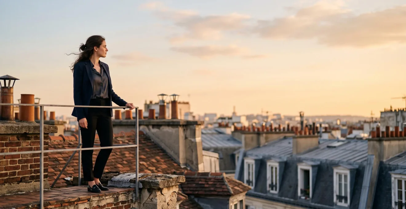 Jeune diplome de Sciences Po observant les toits de Paris au lever du jour, symbole du pont entre carriere francaise et opportunites internationales