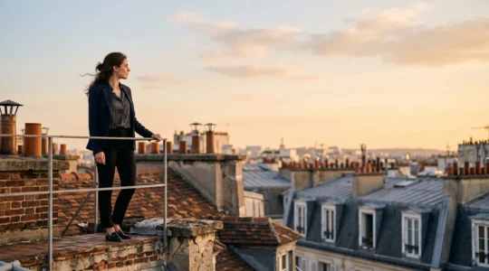 Jeune diplome de Sciences Po observant les toits de Paris au lever du jour, symbole du pont entre carriere francaise et opportunites internationales