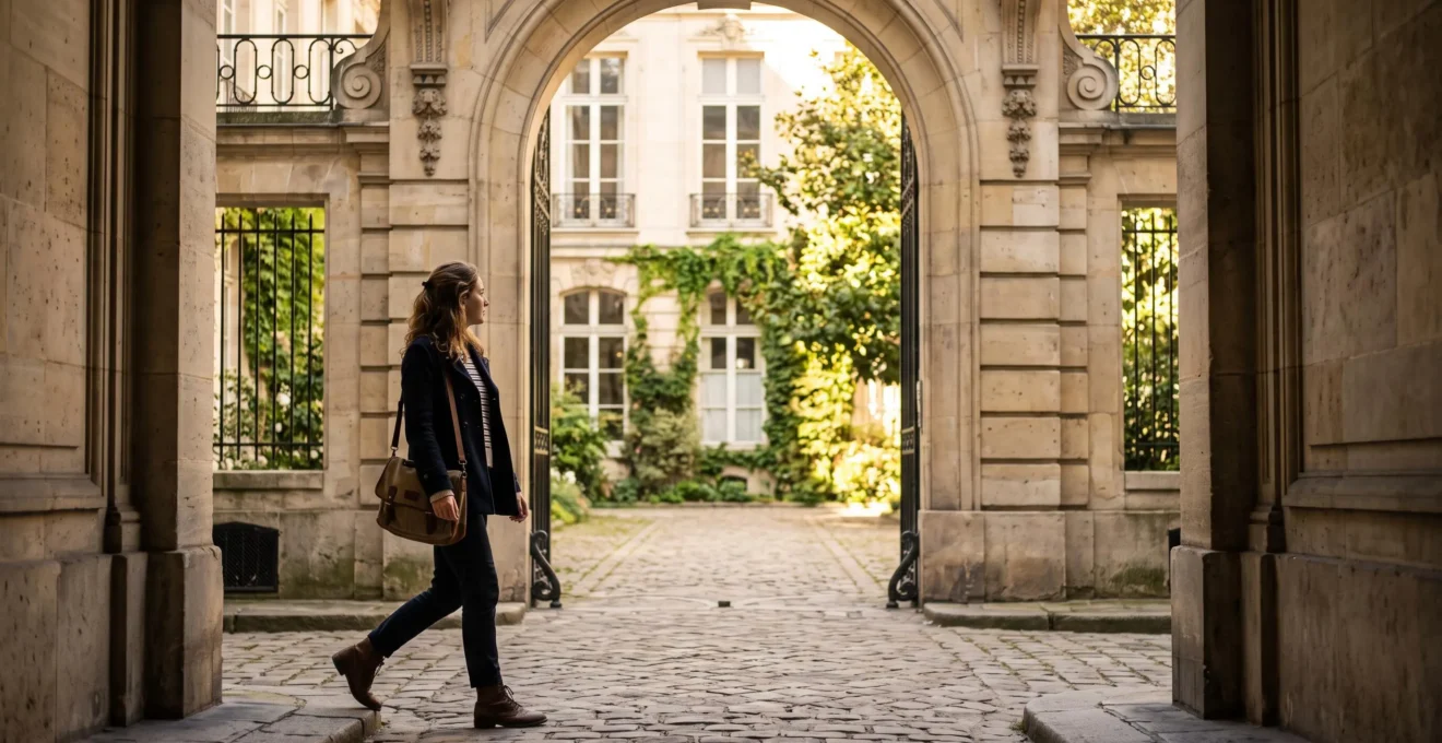 Etudiant franchissant symboliquement le seuil d'une cour parisienne classique, illustrant la transition d'un parcours universitaire vers Sciences Po