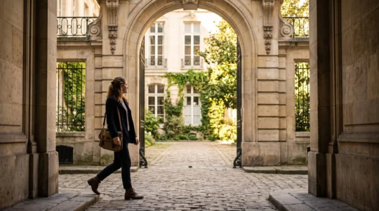 Etudiant franchissant symboliquement le seuil d'une cour parisienne classique, illustrant la transition d'un parcours universitaire vers Sciences Po