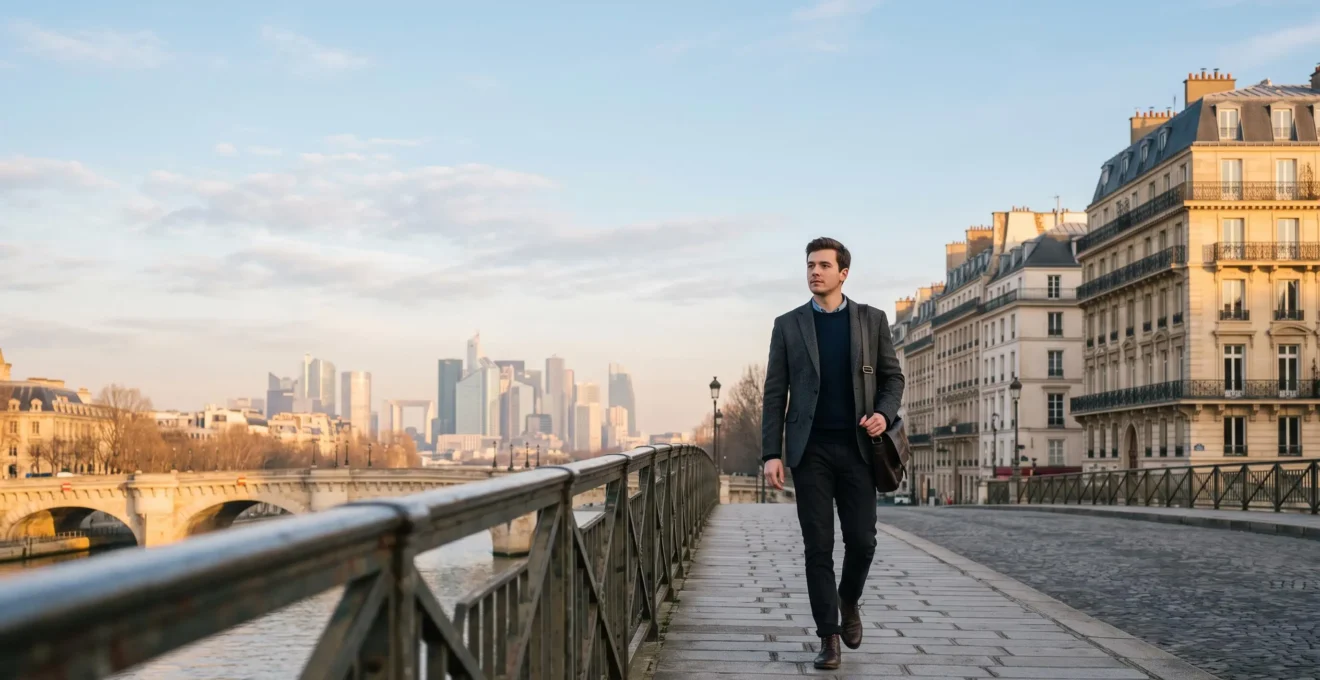 Jeune diplômé de Sciences Po traversant symboliquement un pont vers le quartier d'affaires de La Défense à Paris