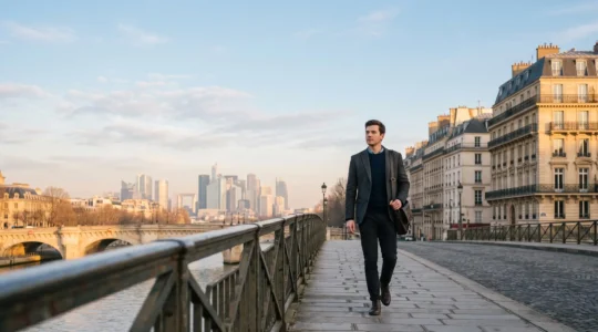 Jeune diplômé de Sciences Po traversant symboliquement un pont vers le quartier d'affaires de La Défense à Paris