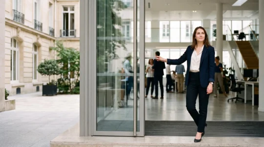 Jeune diplome de Sciences Po franchissant le seuil d'un bureau moderne parisien pour rejoindre une carriere dans les ressources humaines