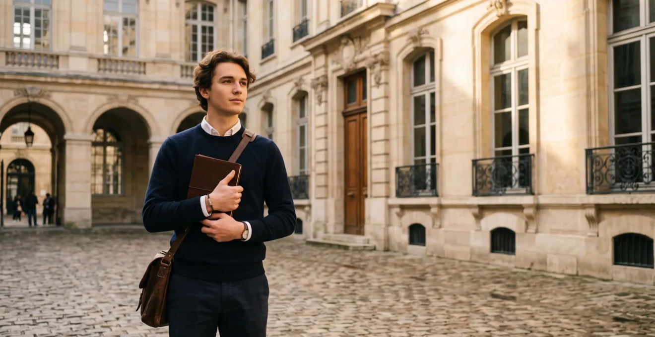 Etudiant pensif dans une cour academique parisienne evoquant la preparation aux concours Sciences Po