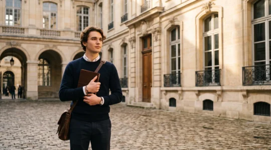 Etudiant pensif dans une cour academique parisienne evoquant la preparation aux concours Sciences Po