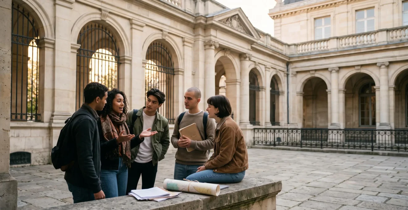 Etudiants engages dans une discussion animee dans la cour interieure d'un batiment academique parisien, symbolisant la diversite des approches de la science politique en IEP