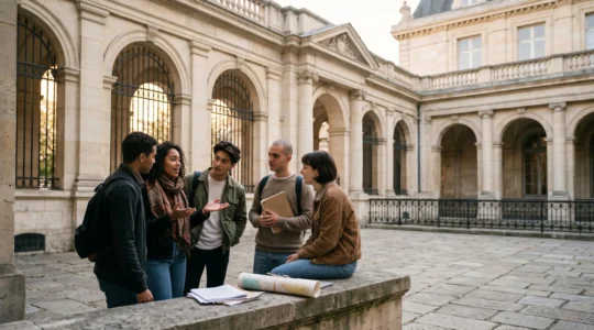 Etudiants engages dans une discussion animee dans la cour interieure d'un batiment academique parisien, symbolisant la diversite des approches de la science politique en IEP