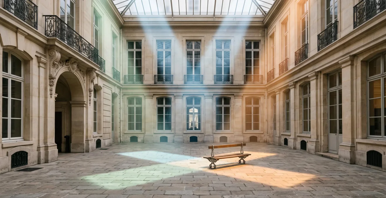 Trois silhouettes de disciplines academiques - economie, sociologie et histoire - convergeant symboliquement autour d'une cour d'un institut d'etudes politiques parisien.