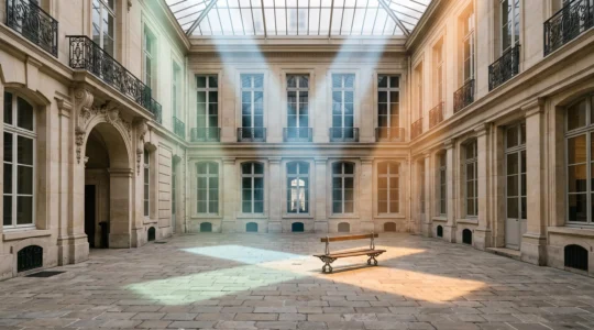 Trois silhouettes de disciplines academiques - economie, sociologie et histoire - convergeant symboliquement autour d'une cour d'un institut d'etudes politiques parisien.