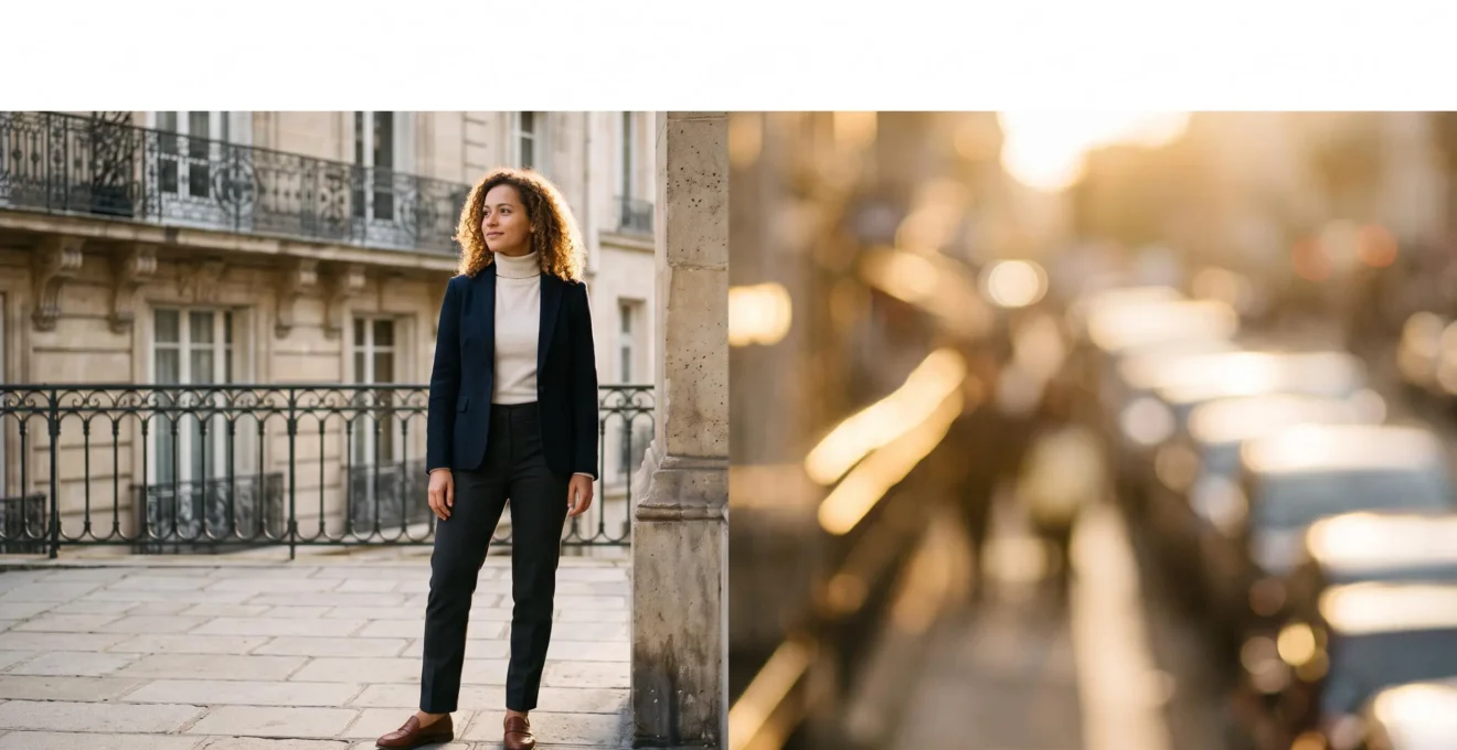 Jeune diplome au seuil symbolique entre une architecture parisienne institutionnelle et un horizon international flou, illustrant la transformation d'une annee a l'etranger en atout professionnel en France