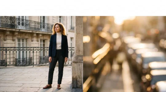 Jeune diplome au seuil symbolique entre une architecture parisienne institutionnelle et un horizon international flou, illustrant la transformation d'une annee a l'etranger en atout professionnel en France