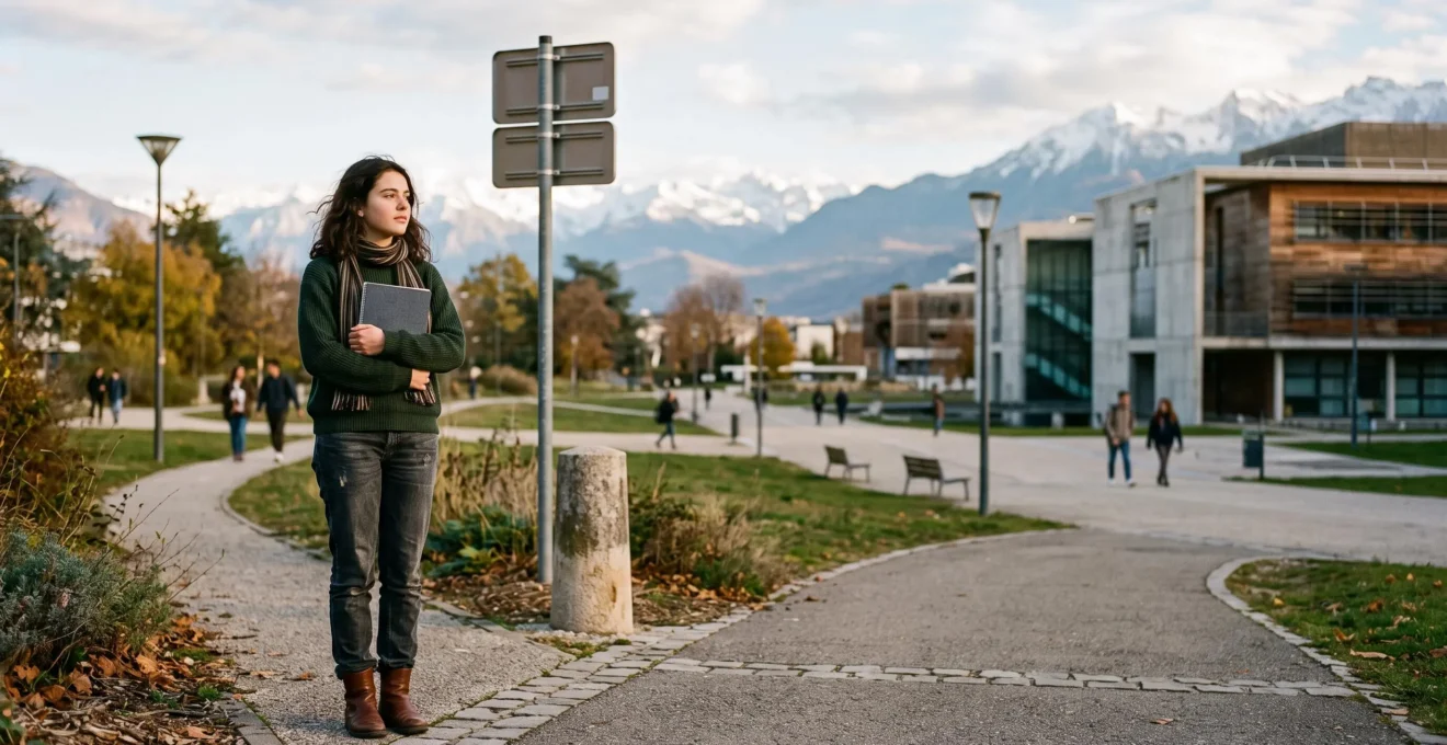 Jeune lycéenne pensive face à un carrefour de chemins symbolisant le choix stratégique entre concours commun et concours de Sciences Po Grenoble, avec les montagnes alpines en arrière-plan