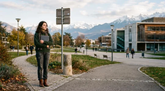 Jeune lycéenne pensive face à un carrefour de chemins symbolisant le choix stratégique entre concours commun et concours de Sciences Po Grenoble, avec les montagnes alpines en arrière-plan