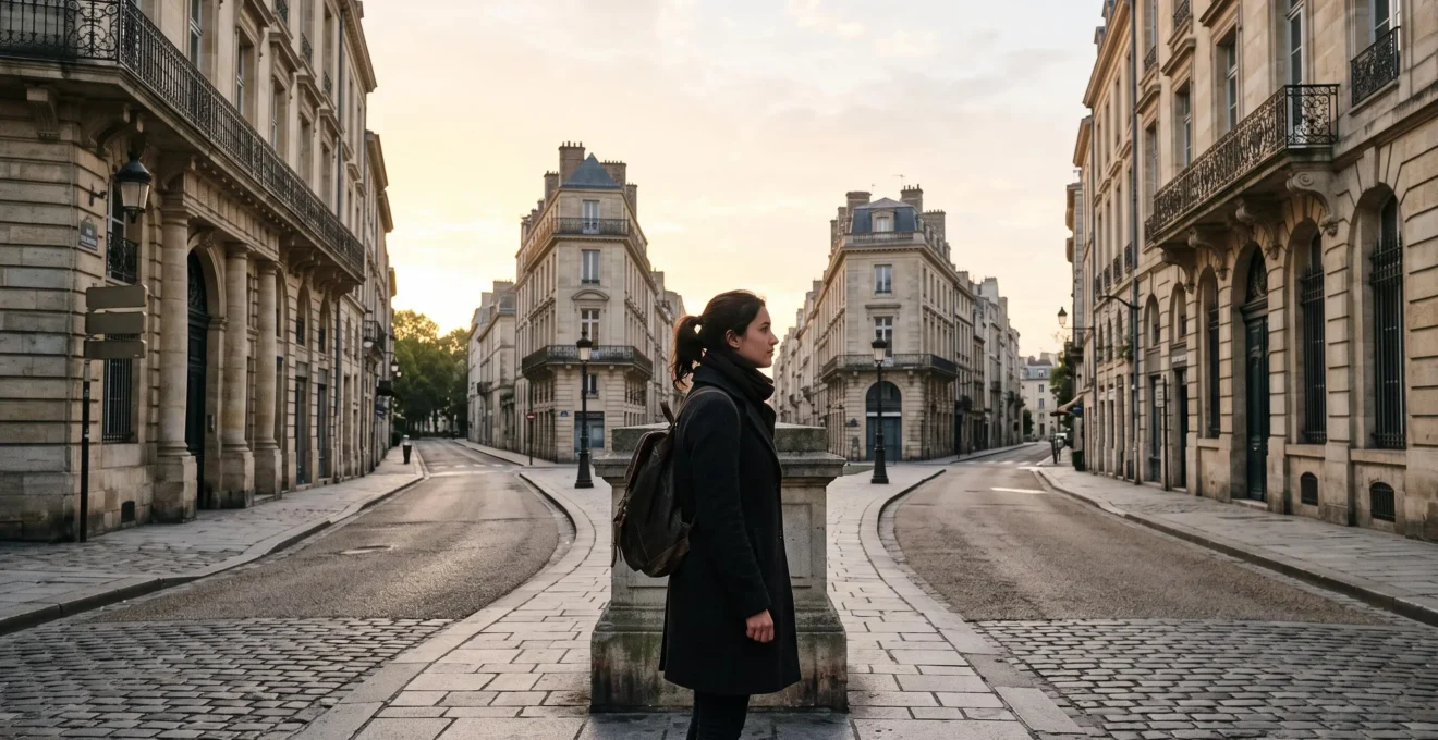 Étudiant français observant les silhouettes de plusieurs bâtiments d'IEP à travers une carte de France stylisée, symbolisant le choix stratégique de candidature