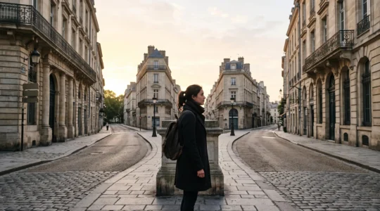 Étudiant français observant les silhouettes de plusieurs bâtiments d'IEP à travers une carte de France stylisée, symbolisant le choix stratégique de candidature