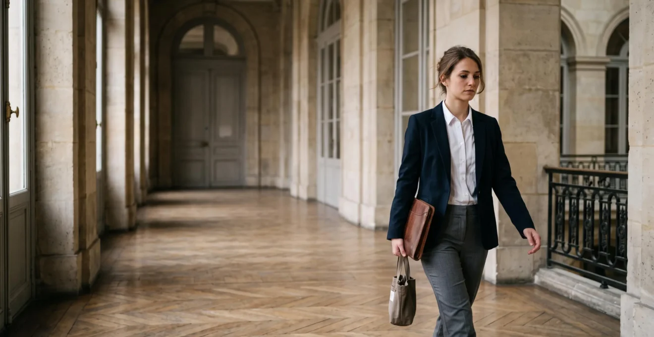 Jeune diplômé de Sciences Po traversant un couloir monumental d'un bâtiment administratif parisien, symbolisant les trois voies de la fonction publique
