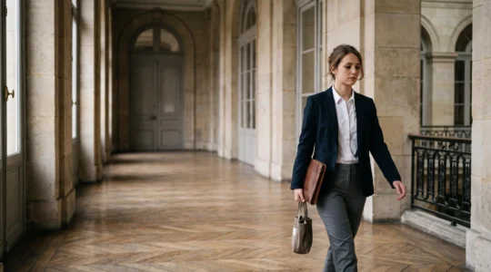 Jeune diplômé de Sciences Po traversant un couloir monumental d'un bâtiment administratif parisien, symbolisant les trois voies de la fonction publique