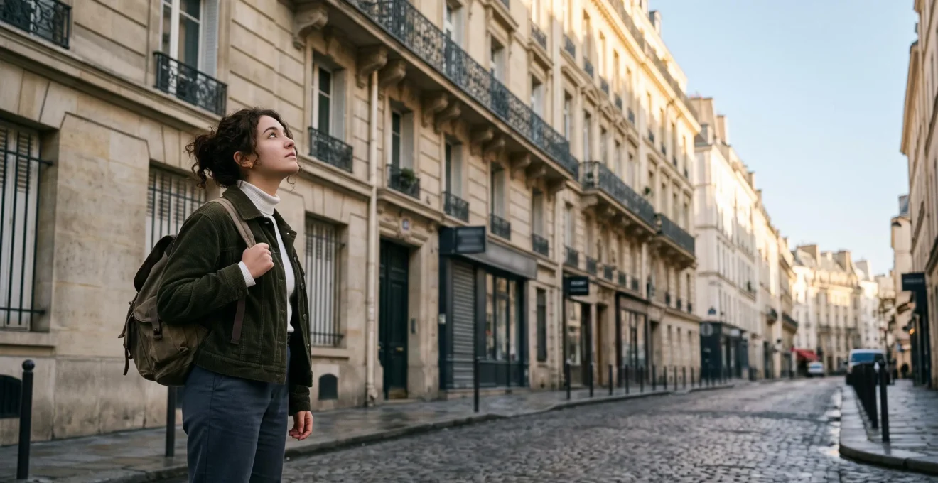 Jeune étudiant regardant pensivement les façades d'immeubles haussmanniens dans une rue animée d'une ville universitaire française