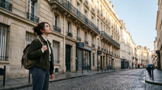Jeune étudiant regardant pensivement les façades d'immeubles haussmanniens dans une rue animée d'une ville universitaire française